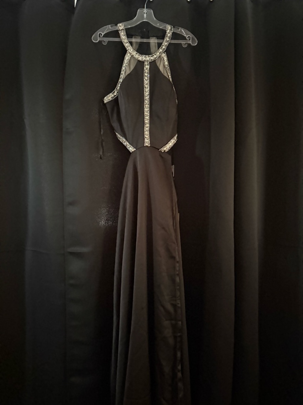 Aspeed Black Backless Halter Gown with Silver Beading